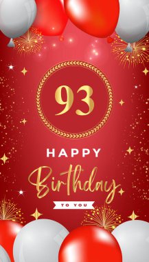 93th Birthday celebration with colorful balloons, gold frames, fireworks, and stars on red background. Premium design for, banner, poster, greeting card, birthday invitations, and Celebration events.
