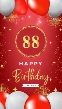 88th Birthday celebration with colorful balloons, gold frames, fireworks, and stars on red background. Premium design for, banner, poster, greeting card, birthday invitations, and Celebration events.