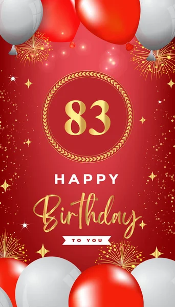 83th Birthday celebration with colorful balloons, gold frames, fireworks, and stars on red background. Premium design for, banner, poster, greeting card, birthday invitations, and Celebration events.