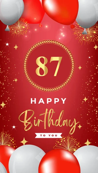 87th Birthday celebration with colorful balloons, gold frames, fireworks, and stars on red background. Premium design for, banner, poster, greeting card, birthday invitations, and Celebration events.