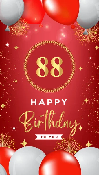 88th Birthday celebration with colorful balloons, gold frames, fireworks, and stars on red background. Premium design for, banner, poster, greeting card, birthday invitations, and Celebration events.