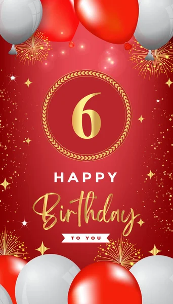 6th Birthday celebration with colorful balloons, gold frames, fireworks, and stars on red background. Premium design for, banner, poster, greeting card, birthday invitations, and Celebration events.