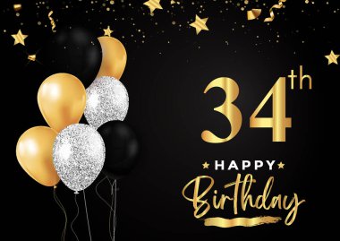 Happy 34th birthday with balloons, grunge brush and gold star isolated on luxury background. Premium design for banner, poster, birthday card, invitation card, greeting card, and anniversary celebration.