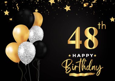 Happy 48th birthday with balloons, grunge brush and gold star isolated on luxury background. Premium design for banner, poster, birthday card, invitation card, greeting card, and anniversary celebration.