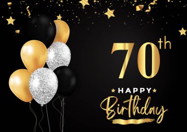 Happy 70th birthday with balloons, grunge brush and gold star isolated on luxury background. Premium design for banner, poster, birthday card, invitation card, greeting card, and anniversary celebration.
