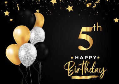 Happy 5th birthday with balloons, grunge brush and gold star isolated on luxury background. Premium design for banner, poster, birthday card, invitation card, greeting card, anniversary celebration.