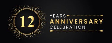 12 years anniversary celebration with gold fireworks and circle frames on black background. Premium design for weddings, greetings card, happy birthday, poster, graduation, invitation card, banner.