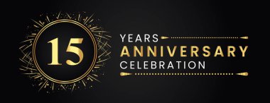 15 years anniversary celebration with gold fireworks and circle frames on black background. Premium design for weddings, greetings card, happy birthday, poster, graduation, invitation card, banner.