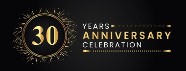 30 years anniversary celebration with gold fireworks and circle frames on black background. Premium design for weddings, greetings card, happy birthday, poster, graduation, invitation card, banner.
