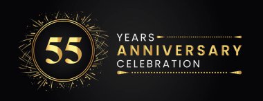 55 years anniversary celebration with gold fireworks and circle frames on black background. Premium design for weddings, greetings card, happy birthday, poster, graduation, invitation card, banner.