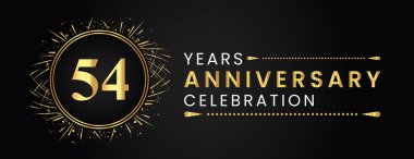 54 years anniversary celebration with gold fireworks and circle frames on black background. Premium design for weddings, greetings card, happy birthday, poster, graduation, invitation card, banner.