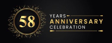 58 years anniversary celebration with gold fireworks and circle frames on black background. Premium design for weddings, greetings card, happy birthday, poster, graduation, invitation card, banner.