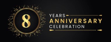 8 years anniversary celebration with gold fireworks and circle frames on black background. Premium design for weddings, greetings card, happy birthday, poster, graduation, invitation card, banner.