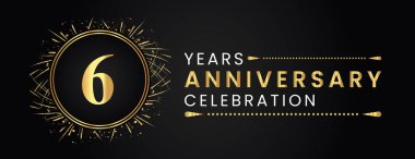 6 years anniversary celebration with gold fireworks and circle frames on black background. Premium design for weddings, greetings card, happy birthday, poster, graduation, invitation card, banner.