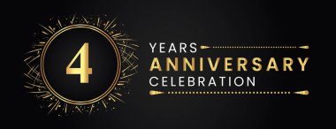 4 years anniversary celebration with gold fireworks and circle frames on black background. Premium design for weddings, greetings card, happy birthday, poster, graduation, invitation card, banner.