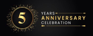 5 years anniversary celebration with gold fireworks and circle frames on black background. Premium design for weddings, greetings card, happy birthday, poster, graduation, invitation card, banner.