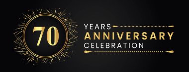 70 years anniversary celebration with gold fireworks and circle frames on black background. Premium design for weddings, greetings card, happy birthday, poster, graduation, invitation card, banner.