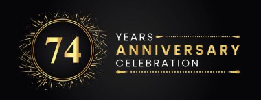 74 years anniversary celebration with gold fireworks and circle frames on black background. Premium design for weddings, greetings card, happy birthday, poster, graduation, invitation card, banner.