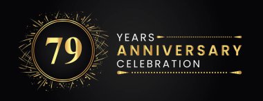 79 years anniversary celebration with gold fireworks and circle frames on black background. Premium design for weddings, greetings card, happy birthday, poster, graduation, invitation card, banner.