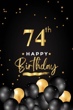 Siyah ve altın balonla birinci doğum günün kutlu olsun, yıldız, siyah arka planda grunge fırçası. Poster, doğum günü kutlamaları, doğum günü kartı, pankart, tebrik kartı, tören için özel tasarım..