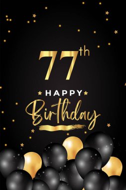 Siyah ve altın balonla birinci doğum günün kutlu olsun, yıldız, siyah arka planda grunge fırçası. Poster, doğum günü kutlamaları, doğum günü kartı, pankart, tebrik kartı, tören için özel tasarım..