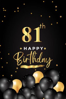 Siyah ve altın balonla birinci doğum günün kutlu olsun, yıldız, siyah arka planda grunge fırçası. Poster, doğum günü kutlamaları, doğum günü kartı, pankart, tebrik kartı, tören için özel tasarım..