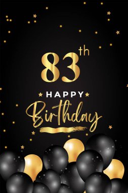 Siyah ve altın balonla birinci doğum günün kutlu olsun, yıldız, siyah arka planda grunge fırçası. Poster, doğum günü kutlamaları, doğum günü kartı, pankart, tebrik kartı, tören için özel tasarım..