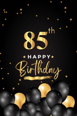Siyah ve altın balonla birinci doğum günün kutlu olsun, yıldız, siyah arka planda grunge fırçası. Poster, doğum günü kutlamaları, doğum günü kartı, pankart, tebrik kartı, tören için özel tasarım..