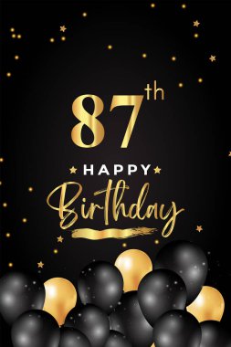Siyah ve altın balonla birinci doğum günün kutlu olsun, yıldız, siyah arka planda grunge fırçası. Poster, doğum günü kutlamaları, doğum günü kartı, pankart, tebrik kartı, tören için özel tasarım..