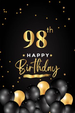 Siyah ve altın balonla birinci doğum günün kutlu olsun, yıldız, siyah arka planda grunge fırçası. Poster, doğum günü kutlamaları, doğum günü kartı, pankart, tebrik kartı, tören için özel tasarım..