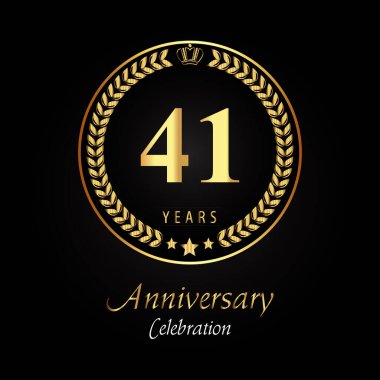 Siyah arka planda altın defne çelenkleri, altın taç ve altın yıldız bulunan 41. yıl dönümü logosu. Mutlu yıllar, düğünler, tebrik kartları, afişler, mezuniyet, tören için özel tasarım..