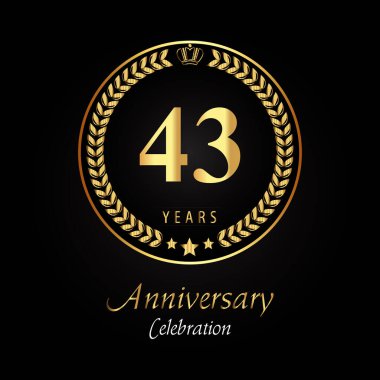 Siyah arka planda altın defne çelenkleri, altın taç ve altın yıldız bulunan 43. yıl dönümü logosu. Mutlu yıllar, düğünler, tebrik kartları, afişler, mezuniyet, tören için özel tasarım..