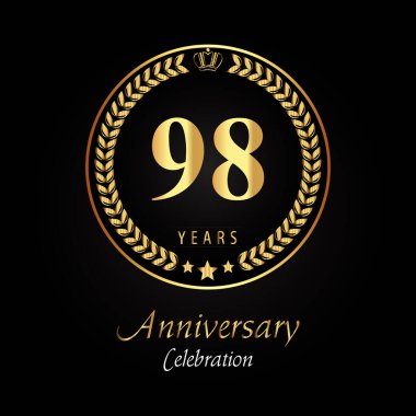 Altın defne çelenkleri, altın taç ve siyah arka planda izole edilmiş altın yıldızlı 98. yıl dönümü logosu. Mutlu yıllar, düğünler, tebrik kartları, afişler, mezuniyet, tören için özel tasarım..