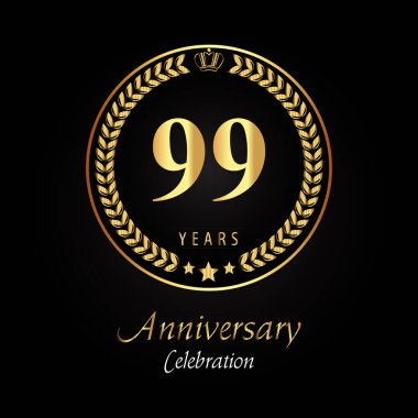 Üzerinde altın defne çelenkleri, altın taç ve siyah arka planda izole edilmiş altın yıldız bulunan 99. yıl dönümü logosu. Mutlu yıllar, düğünler, tebrik kartları, afişler, mezuniyet, tören için özel tasarım..