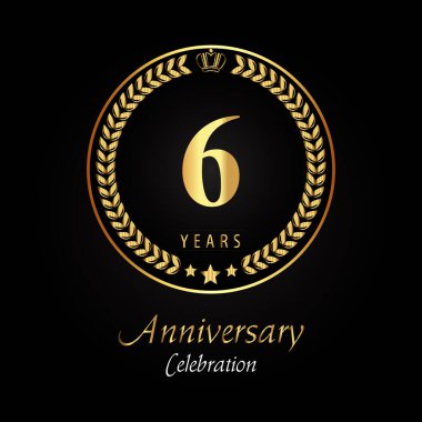Altın defne çelenkleri, altın taç ve siyah arka planda izole edilmiş altın yıldızlı 6. yıl dönümü logosu. Mutlu yıllar, düğünler, tebrik kartları, afişler, mezuniyet, tören için özel tasarım..