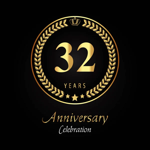 32Ste Verjaardag Logo Met Gouden Laurierkransen Gouden Kroon Gouden Ster — Stockvector