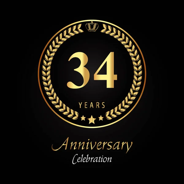 34Ste Verjaardag Logo Met Gouden Laurier Kransen Gouden Kroon Gouden — Stockvector