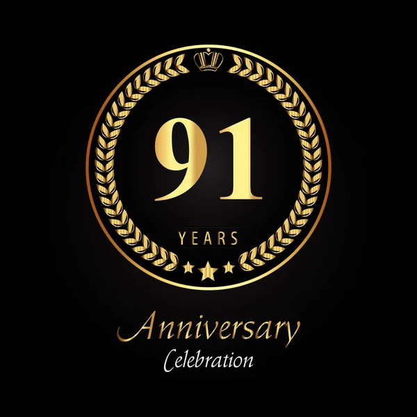 91Ste Verjaardag Logo Met Gouden Lauwerkransen Gouden Kroon Gouden Ster — Stockvector