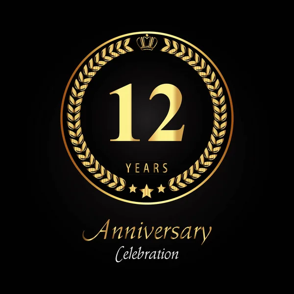 Logotipo Del 12º Aniversario Con Coronas Laurel Dorado Corona Oro — Vector de stock