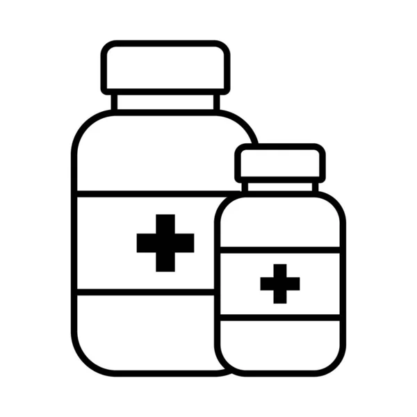 Φάρμακο Μπουκάλι Και Χάπια Εικονίδιο Διάνυσμα Εικονογράφηση Σχεδιασμό — Διανυσματικό Αρχείο