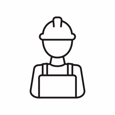 worker with helmet and wrench icon. outline builder with toolbox vector sign. isolated contour symbol