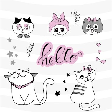 Set with cute cat on a white background. kids print.
