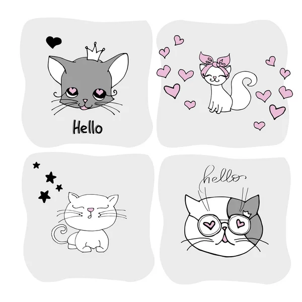 Set Cute Cat White Background Kids Print — Stock Vector