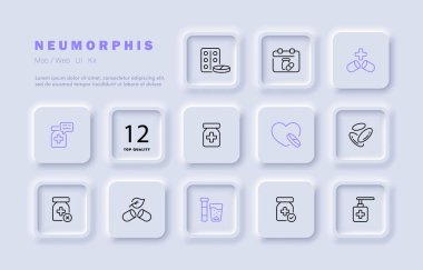 Tıp seti simgesi. Hap, tedavi, doktor, kardiyoloji, antibiyotik, penisilin, şurup, antiseptik. Sağlık hizmeti konsepti. Neomorfizm tarzı. İş ve Reklamcılık için vektör satırı simgesi