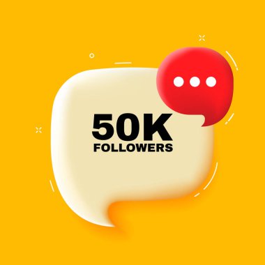 50 bin takipçi. Konuşma baloncuğu ve 50 bin takipçi mesajı. 3 boyutlu illüstrasyon. Pop sanat tarzı. İş ve Reklamcılık için vektör satırı simgesi