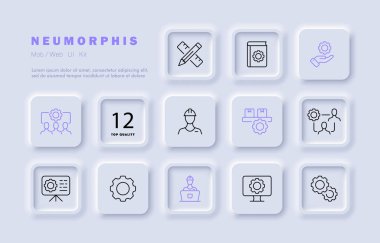 Seti simgesi öğreniliyor. Cetvel, kalem, kitap, ders kitabı, ayar, yapılandırma, işçi, programcı. Çevrimiçi kavram. Neomorfizm tarzı. İş ve Reklamcılık için vektör satırı simgesi