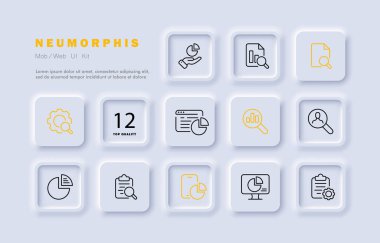 Veri analiz simgesi ayarlandı. Diyagram, analiz, kurgu, web sitesi, dosya, büyüteç, arama, meslek, iş. Bilgi konsepti. Neomorfizm tarzı. İş ve Reklamcılık için vektör satırı simgesi