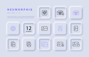 Fotoğraf seti simgesi. Kamera, galeri, kırpma, efektler, çerçeveler, yazıcı, 3D, filtreler, fotoğraf, medya. Görüntü konsepti. Neomorfizm tarzı. İş ve Reklamcılık için vektör satırı simgesi