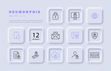 Koruma simgesi ayarlandı. Özel bilgi, şifre, antivirüs, hacker, iki faktör koruması, kalkan, kilit, savunma. Güvenlik kavramı. Neomorfizm tarzı. İş ve Reklamcılık için vektör satırı simgesi