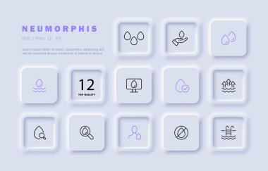 Su seti simgesi. Buharlaşma, büyüteç, içecek, içecek, arama, havuz, içecek. Suyu idareli kullan. H2O konsepti. Neomorfizm tarzı. İş ve Reklamcılık için vektör satırı simgesi